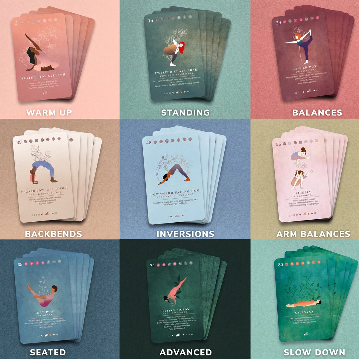 PlayPauseBe yoga cards in their 9 categories, from warm up to slow down