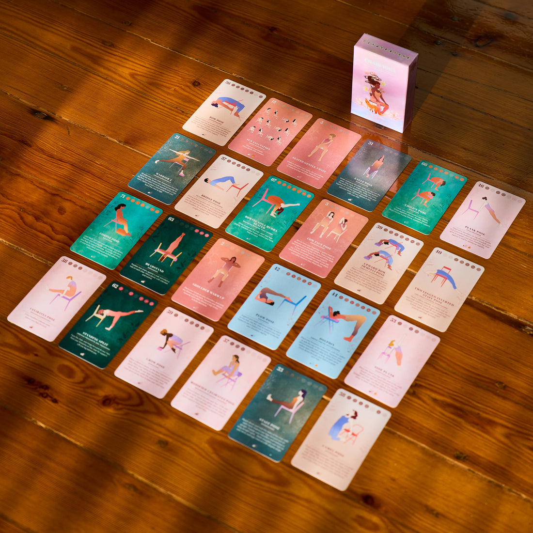The full Chair Yoga Deck laid out on a wooden floor