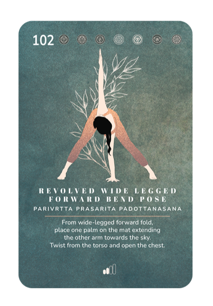 Card 102, Revolved Wide Legged Forward Bend Pose