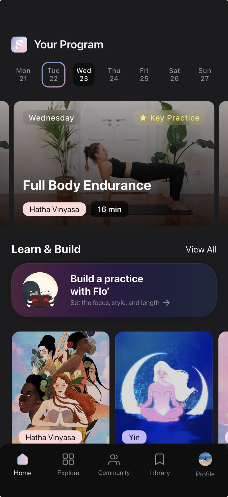 Floga app home screen showing your weekly program