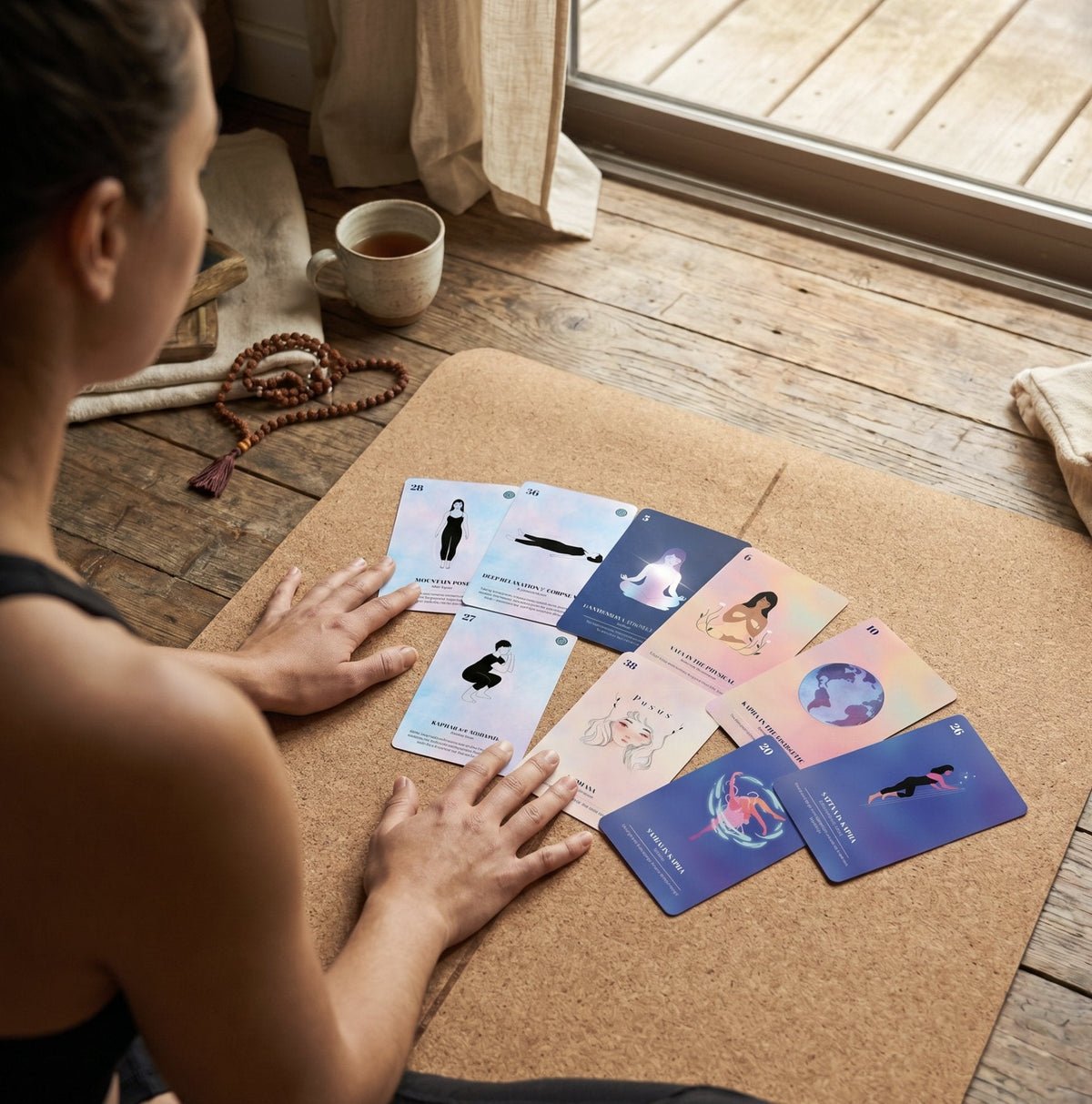 Reading a spread of Ayurveda Yoga Deck cards on the mat