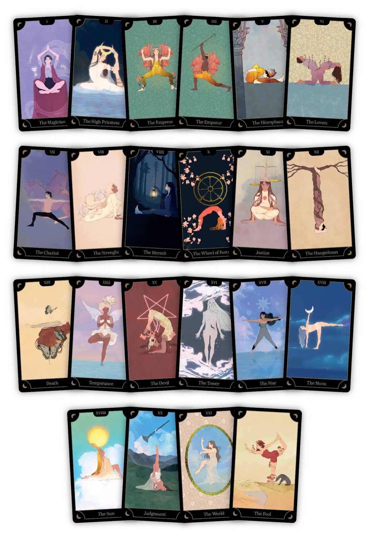 The Major Arcana of the Tarot Yoga Deck laid out together