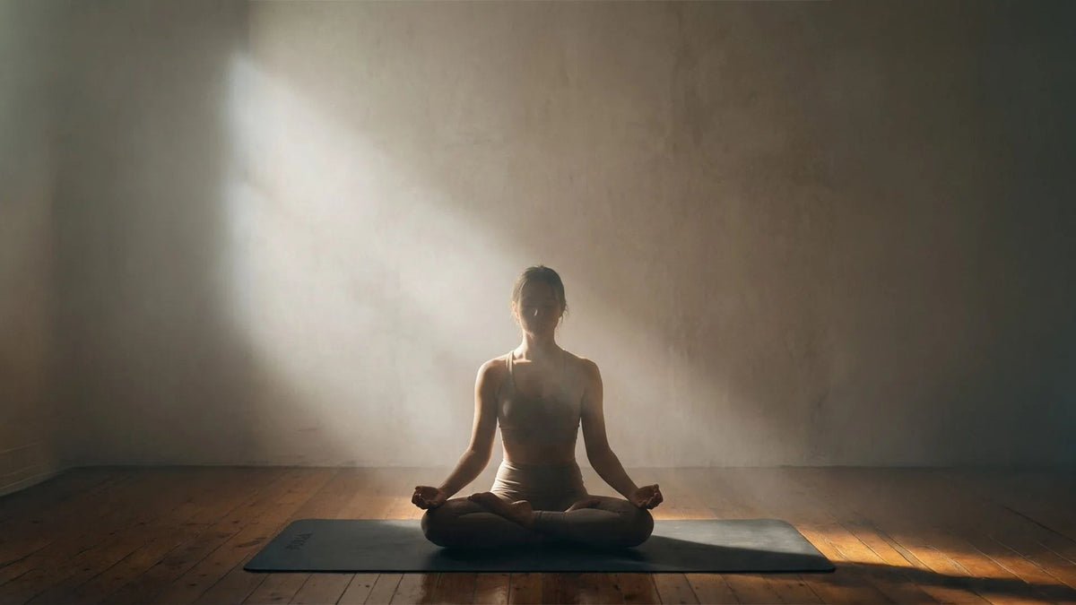A practitioner meditating in a beam of morning light