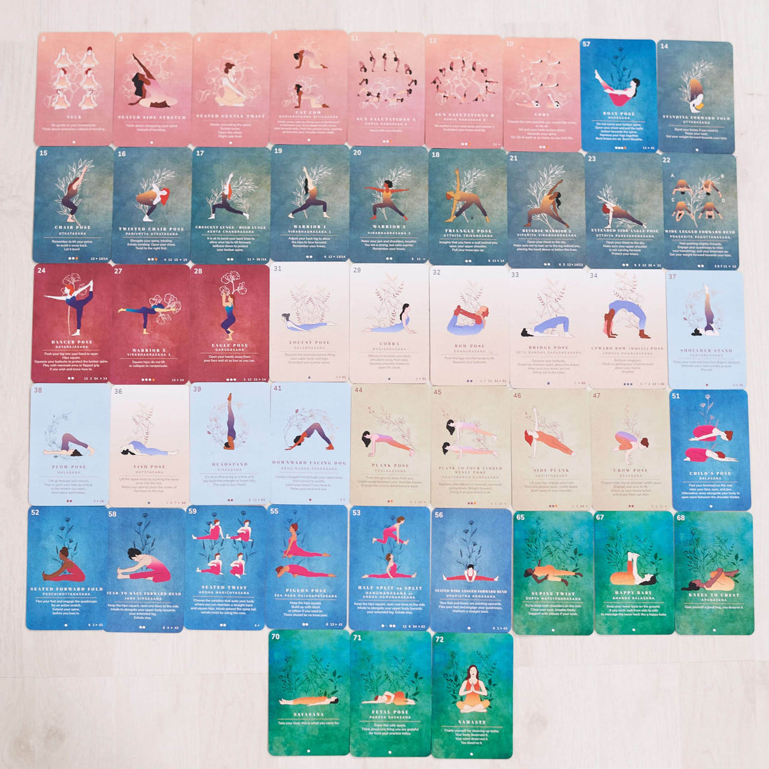 The Yoga Deck cards laid out in a grid, from warm-up to slow-down