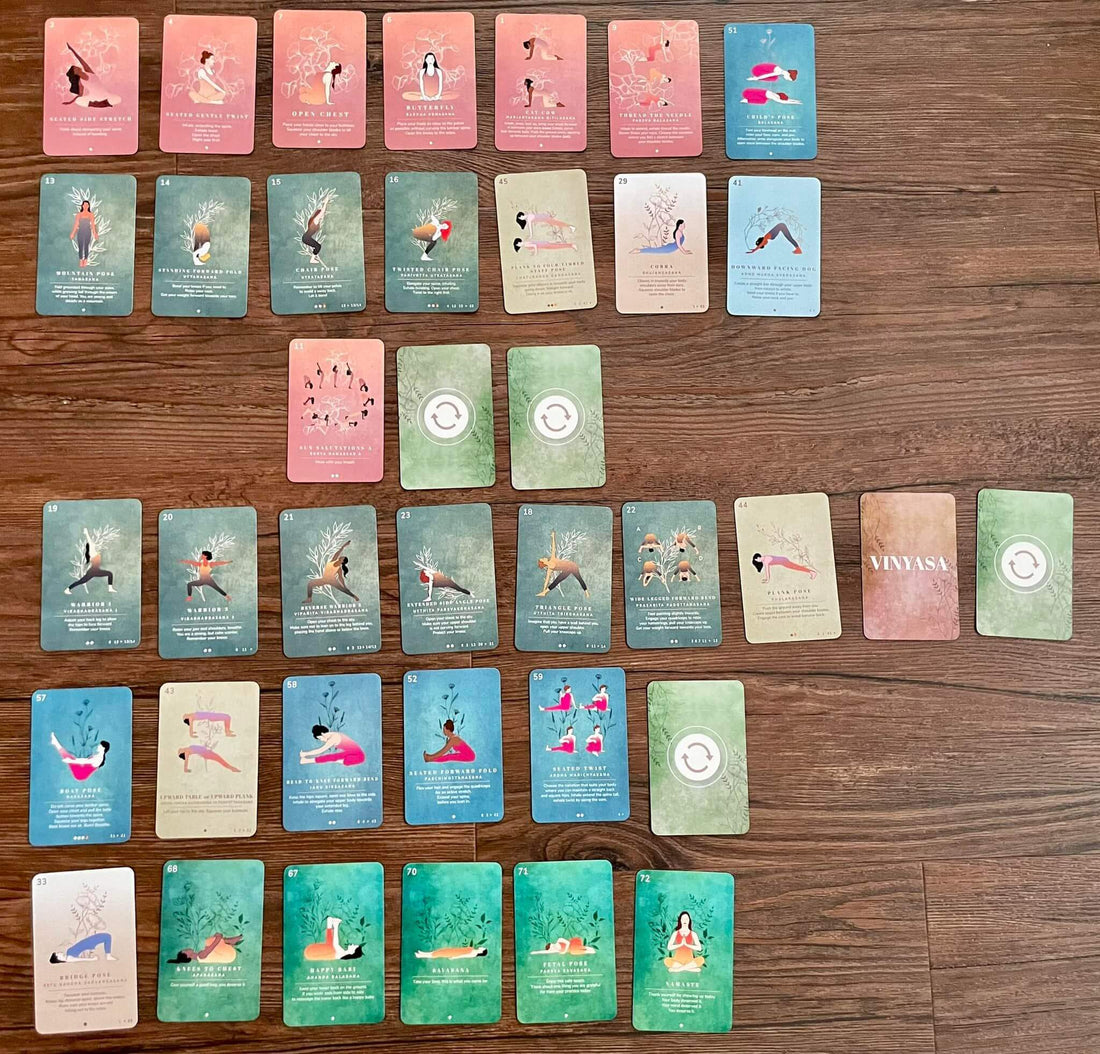 A full sequence laid out in rows with Yoga Deck cards on a wooden floor