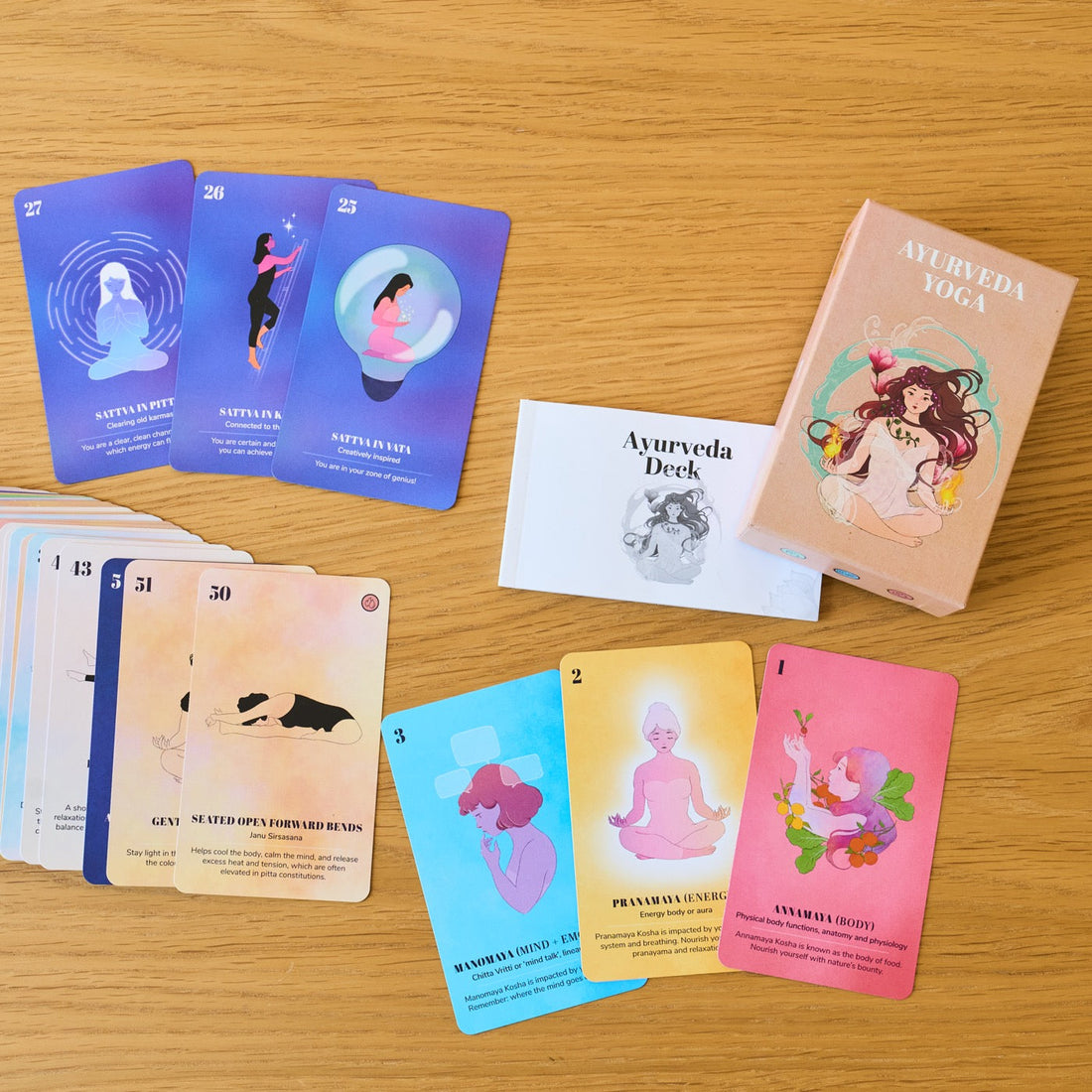 Kosha and dosha cards laid out around the box and booklet