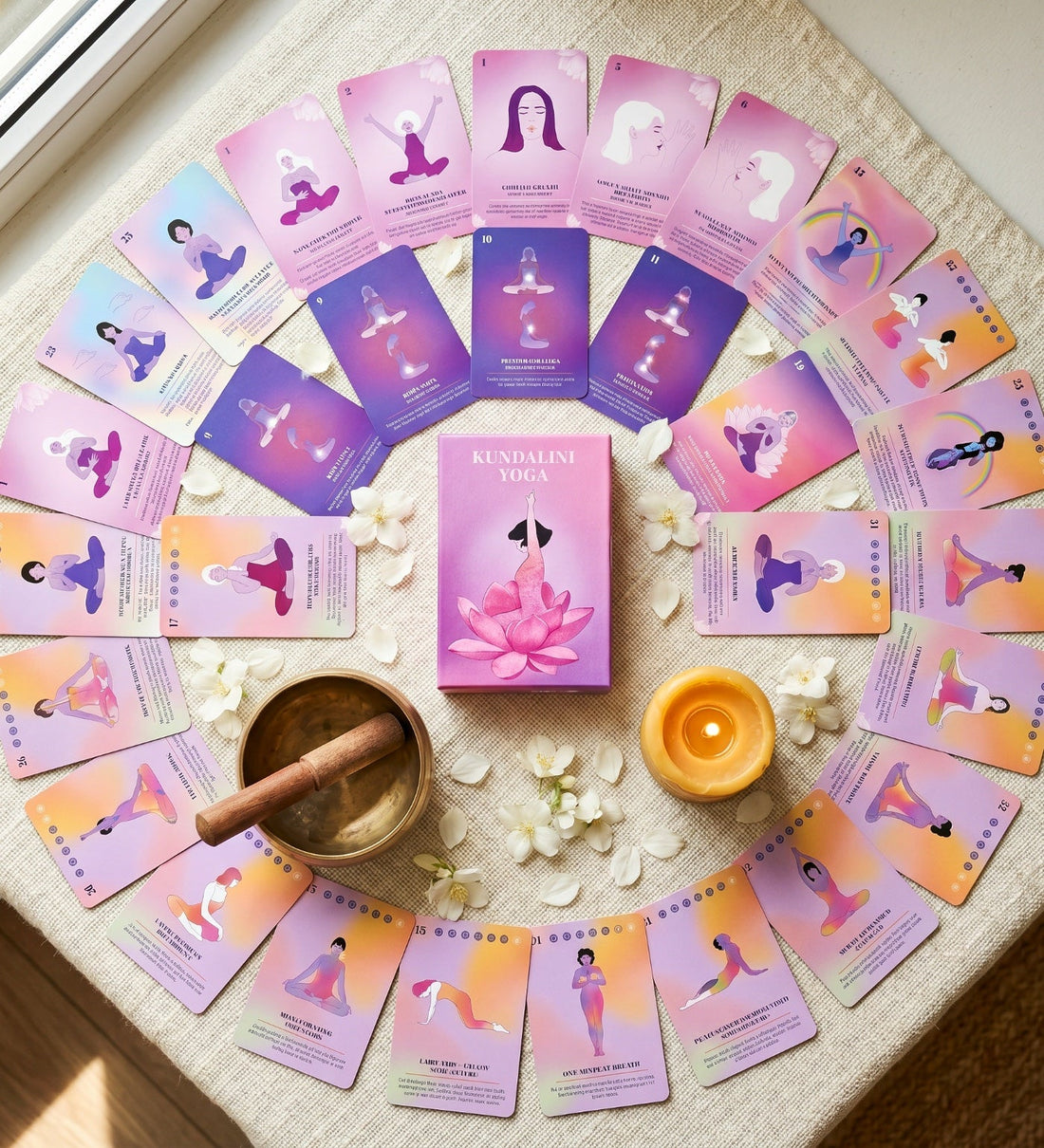 The deck laid out as a mandala of cards around the box, with a singing bowl and jasmine