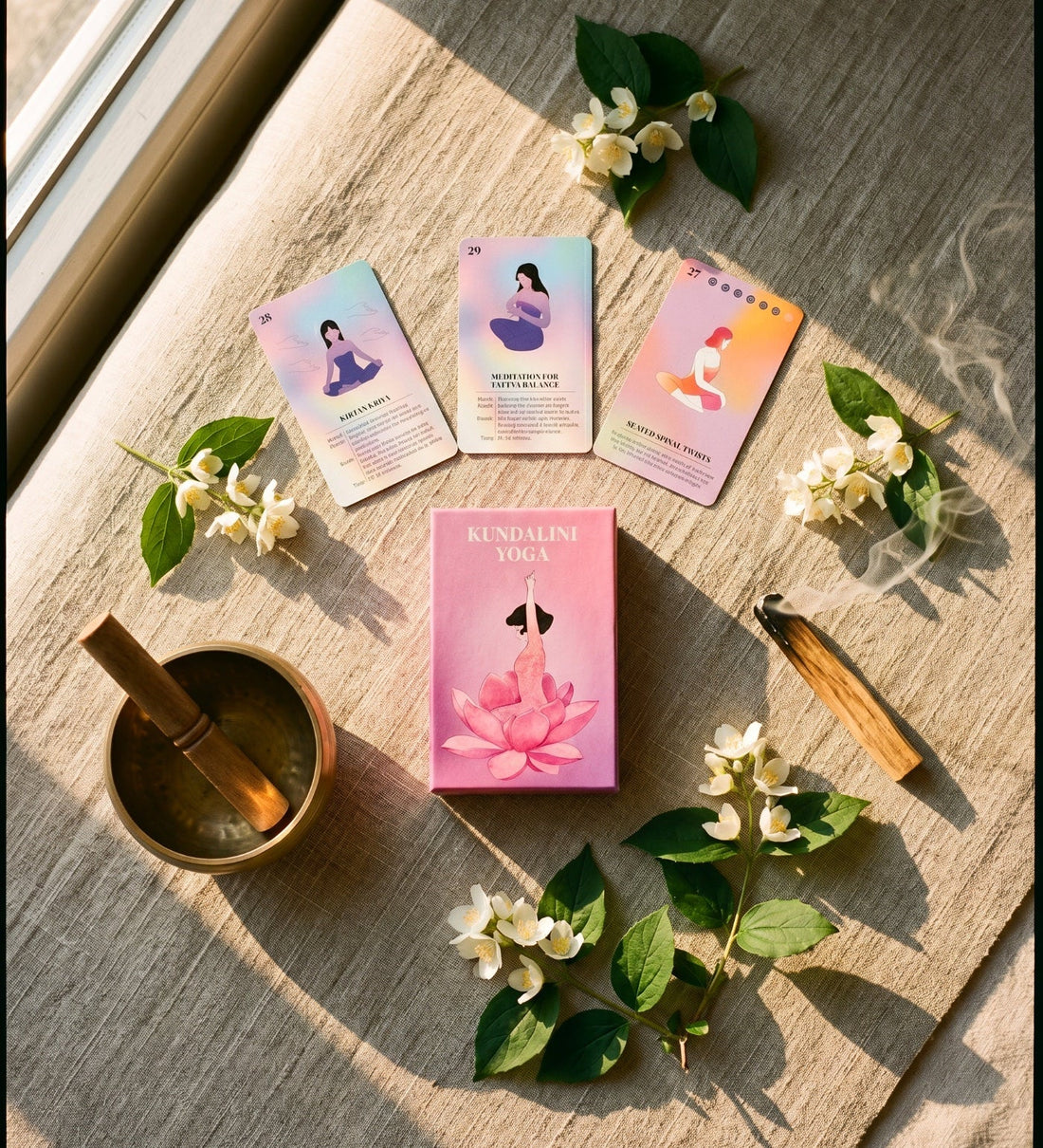 Three kriya cards and the box on raw linen, with palo santo and jasmine