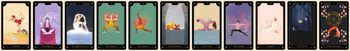 All 22 Major Arcana cards of the Tarot Yoga Deck, from The Fool to The World