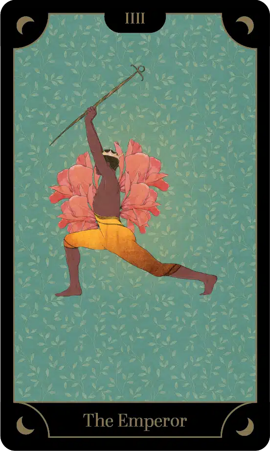 A card from the Tarot Yoga Deck: Warrior 1 · cultivate command, authority and control