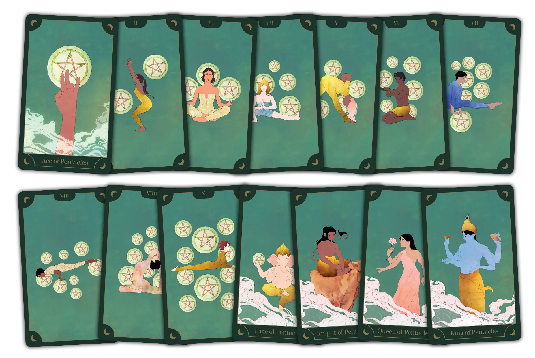 The Pentacles cards from the Tarot Yoga Deck