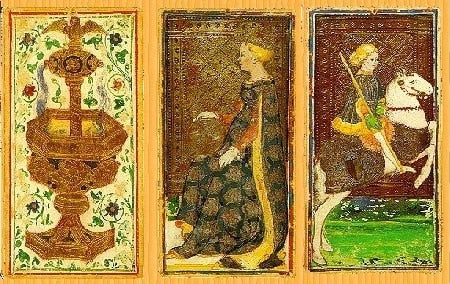 The oldest known tarot cards: the Visconti Sforza, commissioned by the Duke of Milan, Italy 1442 to 1447.