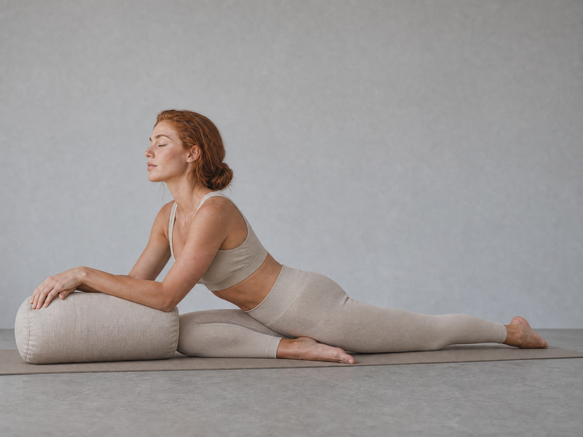 A yin practitioner resting forward over a bolster in a supported half-split