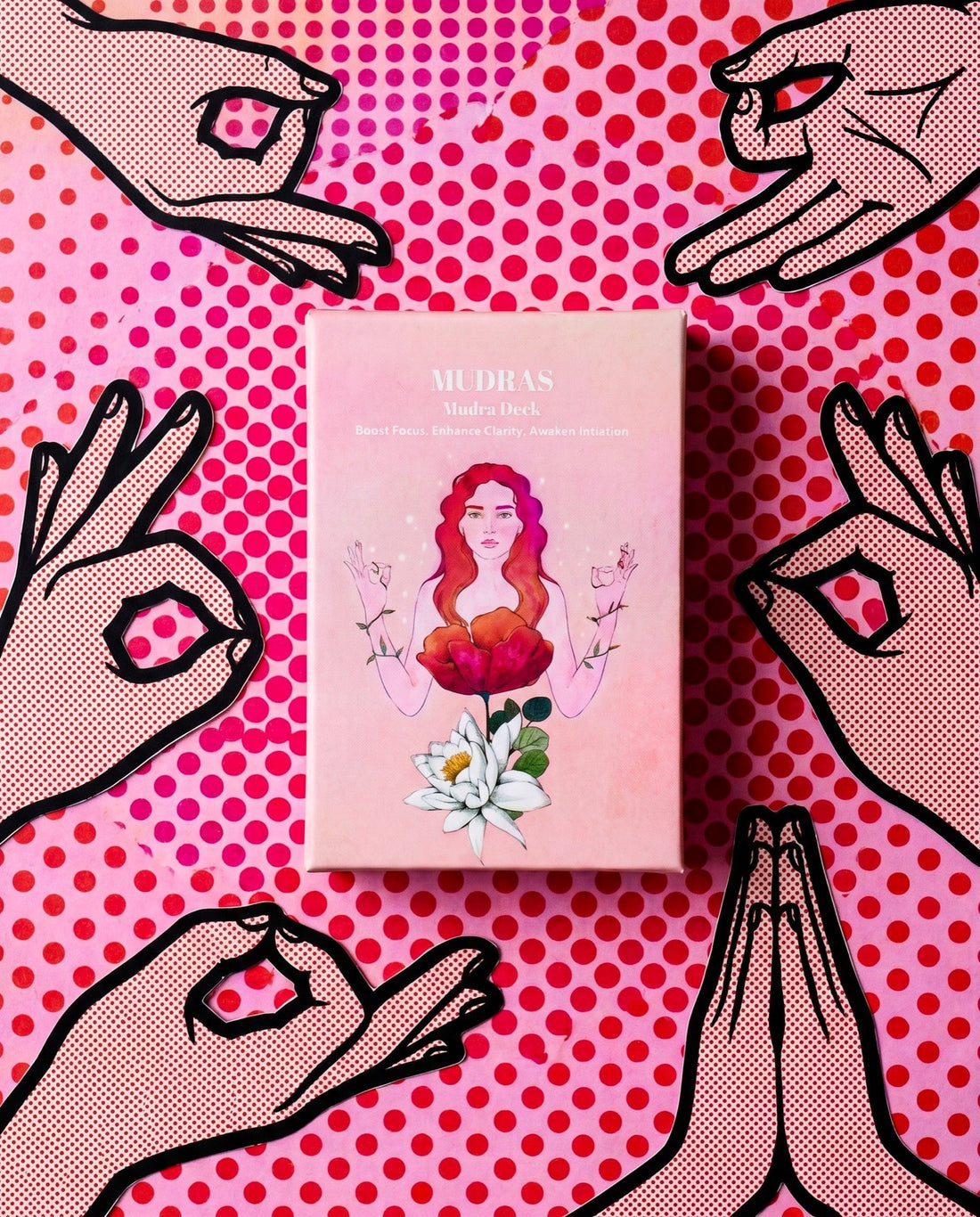 Pop-art collage of mudra hands around the box