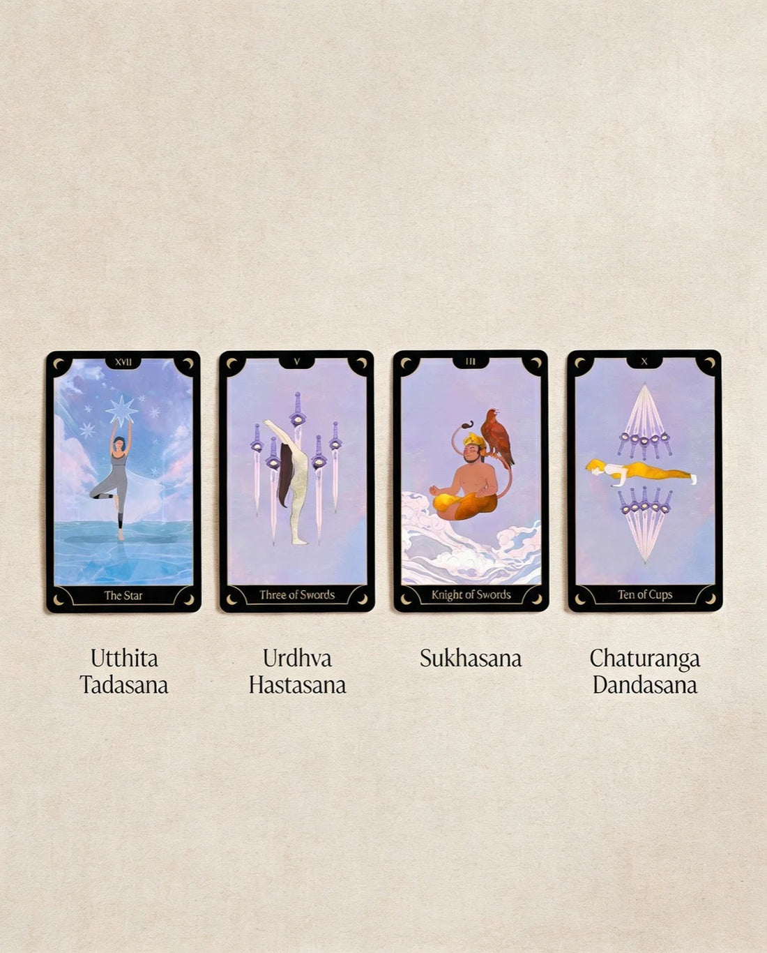 Four cards laid out as a sequence, each labelled with its asana